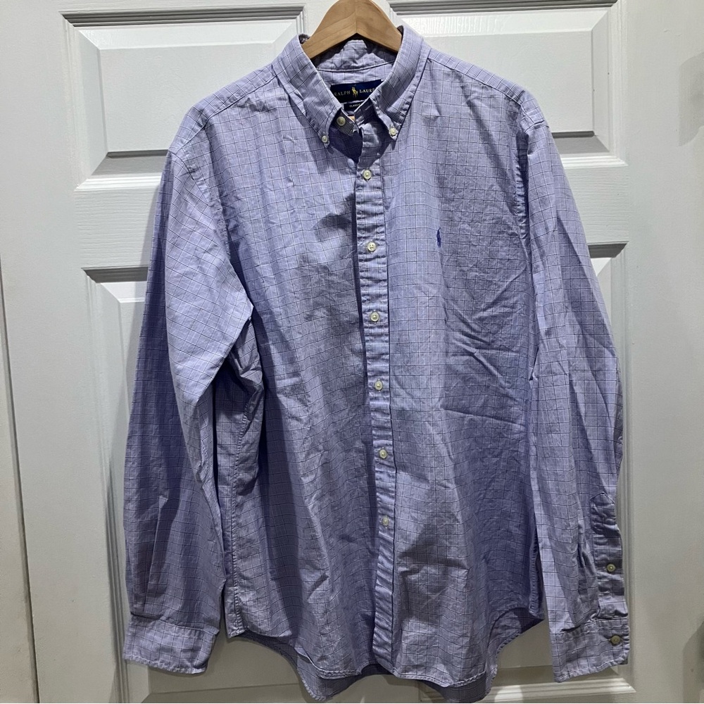 Ralph Lauren‎ Shirt Mens Size XL Button Up Plaid Long Sleeve White Blue Pony - Picture 8 of 9